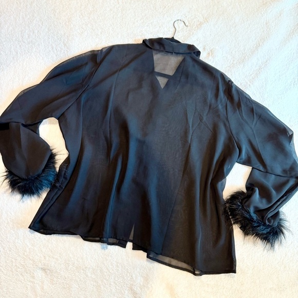 Black Sheer Blouse with Faux Fur Cuffs - Picture 4 of 8